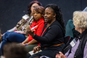 Woman participating in conversation