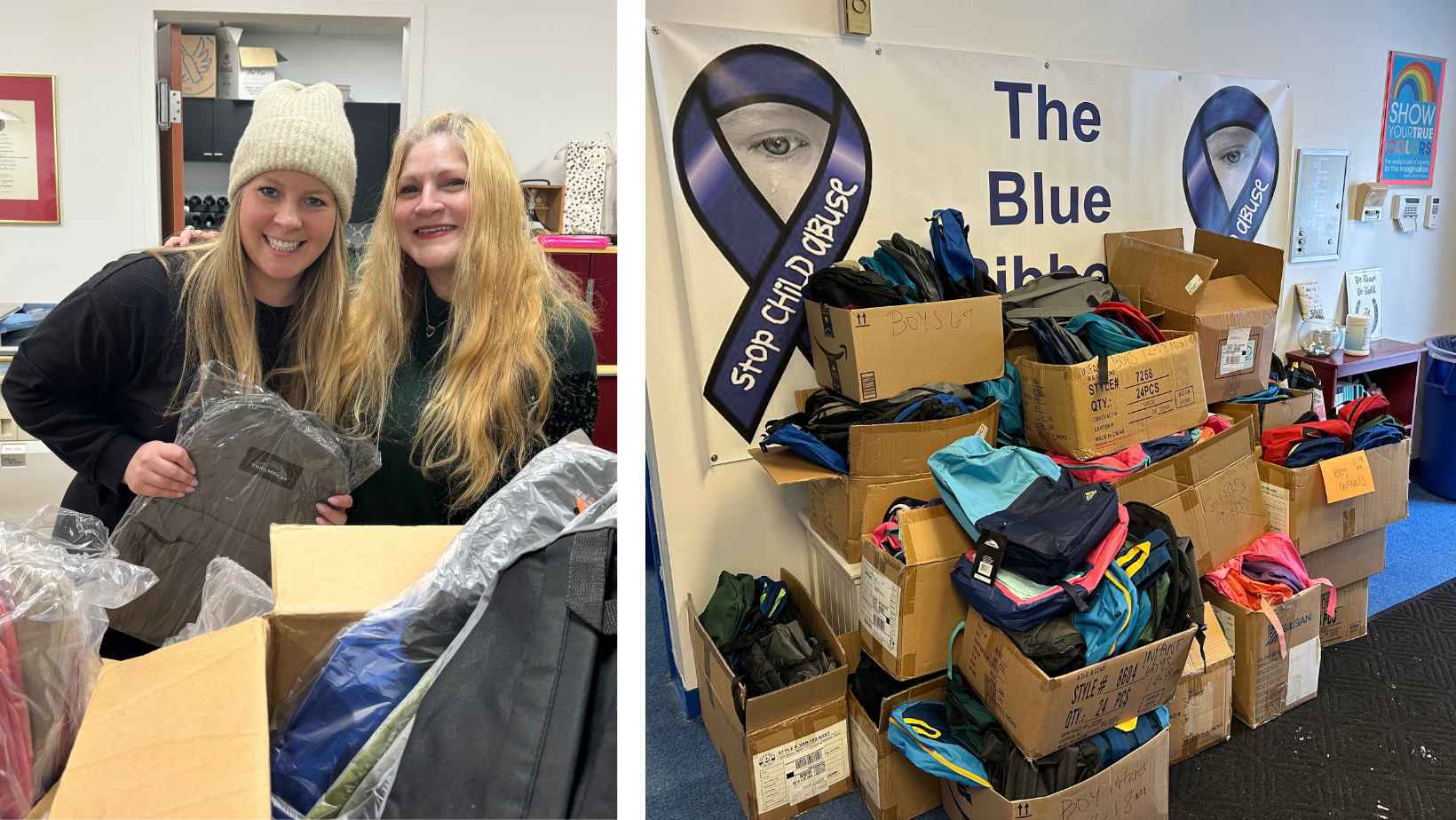 left: 2 women holding backpacks, right: boxes of backpacks